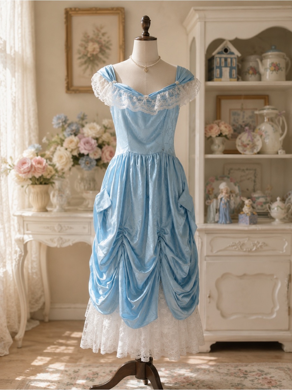 Powder Blue Rococo Bustle Gown | Vintage Lace & Satin Dream XS/S